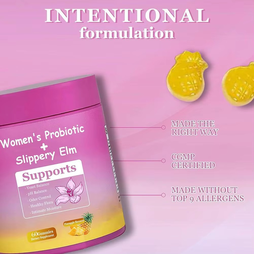 Feminine Probiotics  - Supports pH Balance, Gut Health & Immune System with Slippery Elm, Prebiotics & Lactobacillus Blend, Pineapple Flavor, 60 Gummies