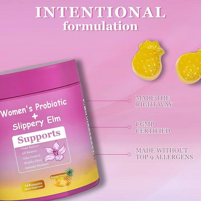 Feminine Probiotics  - Supports pH Balance, Gut Health & Immune System with Slippery Elm, Prebiotics & Lactobacillus Blend, Pineapple Flavor, 60 Gummies